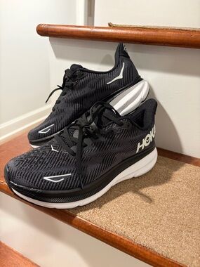 Hoka Women’s Clifton 9 Black and White Running Sneakers